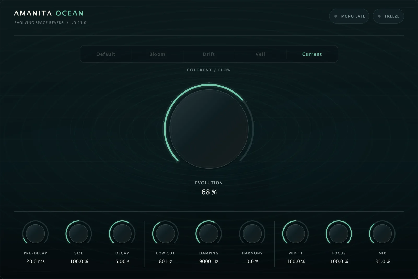 Amanita Ocean interface with the Current character and a large Evolution control