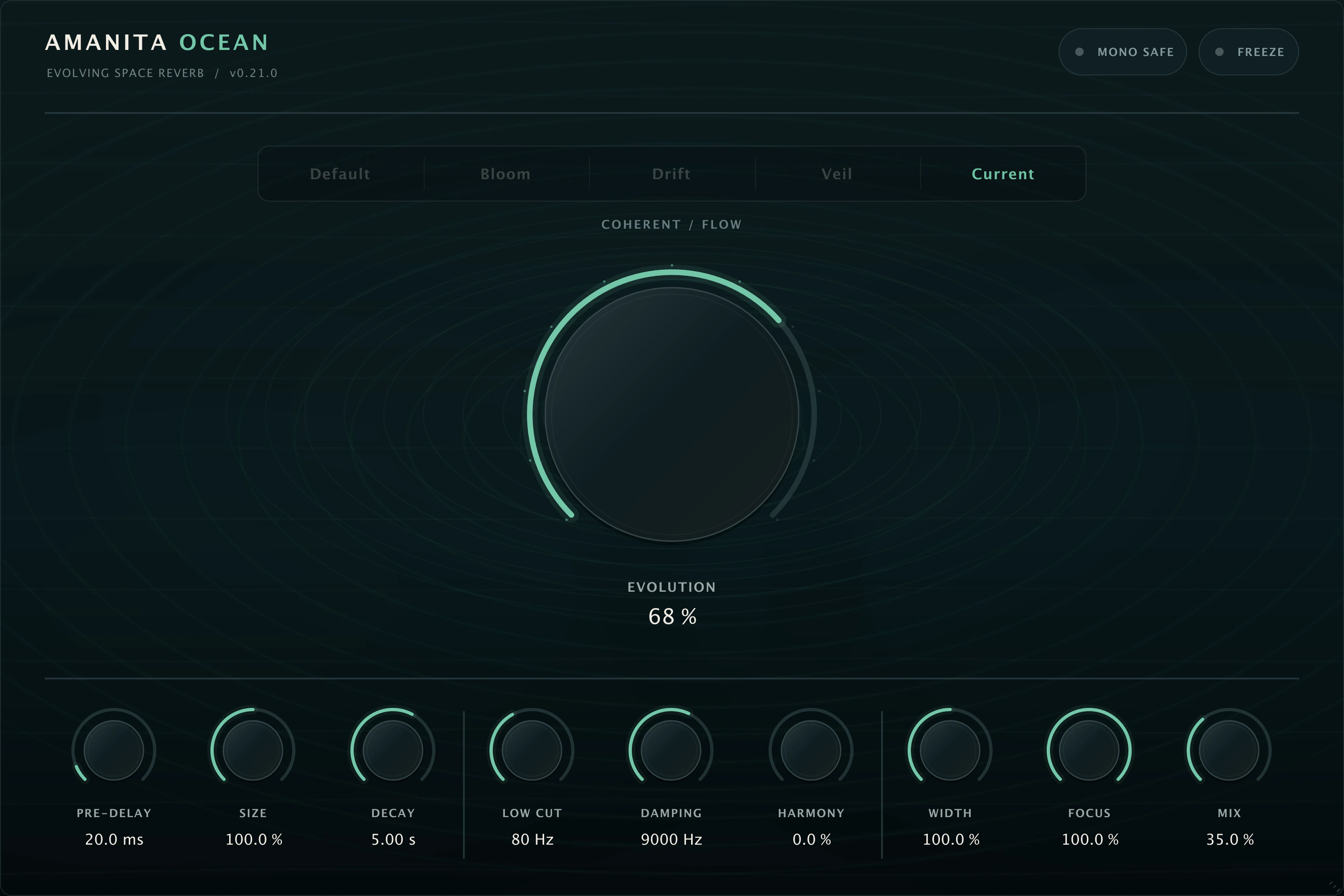 Amanita Ocean 0.21.0 interface with the Current character, Evolution control and full reverb controls